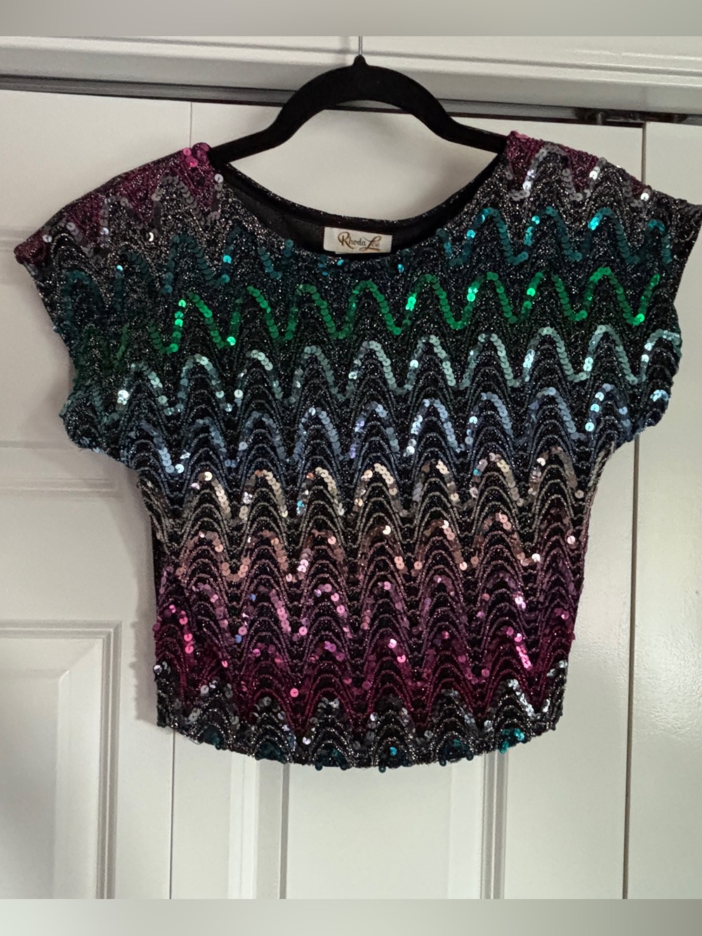 70s  Vintage Rhoda Lee Sequin Wave Crop Top in Rainbow